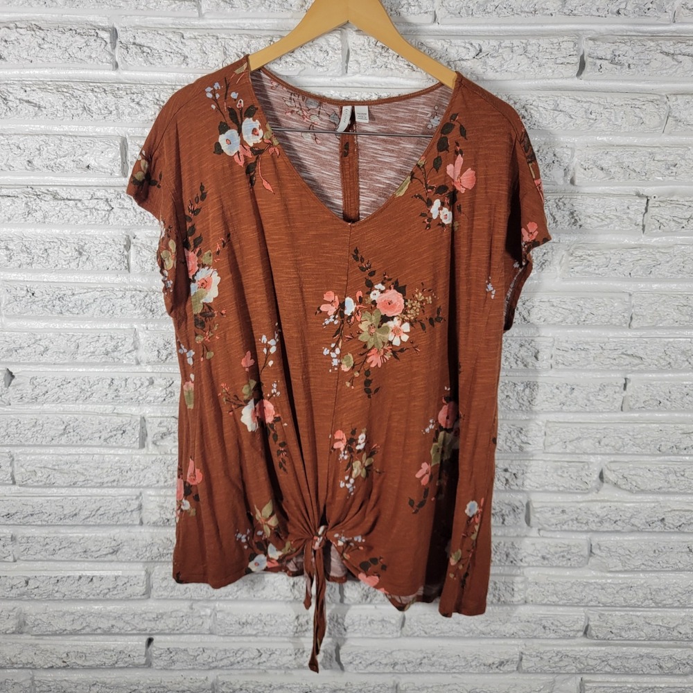 Cato Est 1946 Women Plus 18W 20W Brown Floral Front Tie V-Neck Tee Casual